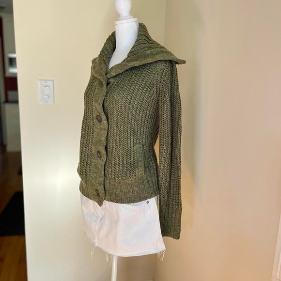 Vintage Retro Style Grandpa Grunge Green Chunky Knit Sweater Button Front Cozy M - Picture 4 of 10
